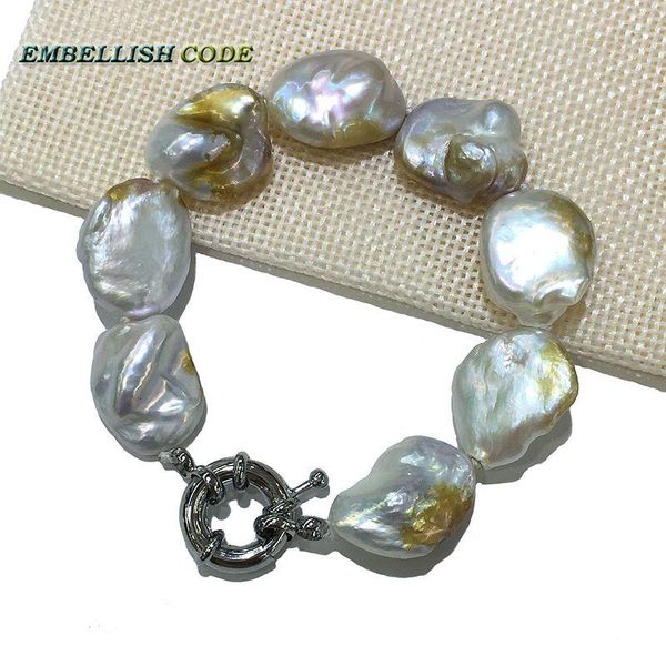 Pulseras con dijes Pulsera de perlas irregulares inusuales Blanco Pocos Color dorado Buen brillo 3 Tamaño para mujeres 8 mm de espesor Forma ovalada plana Natural