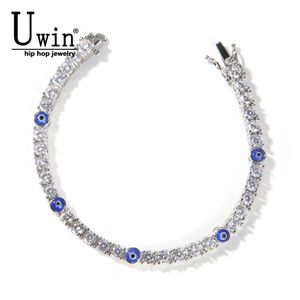 Bracelets porte-bonheur Uwin Tennis 4mm, yeux bleus turcs AAA CZ glacés, bracelets de luxe, vente en gros de bijoux pour femmes 230216