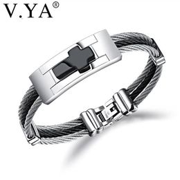 Bracelets de charme V YA 3 rangées de chaîne de fil de manchette en acier inoxydable pour hommes Punk bricolage personnalisé graver des bijoux pour hommes noir argent couleur Ban339n