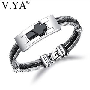 Bedelarmbanden V YA 3 rijen draadketting manchet kruis roestvrij staal heren punk DIY aangepaste graveren man sieraden zwart zilver kleur Ban333T