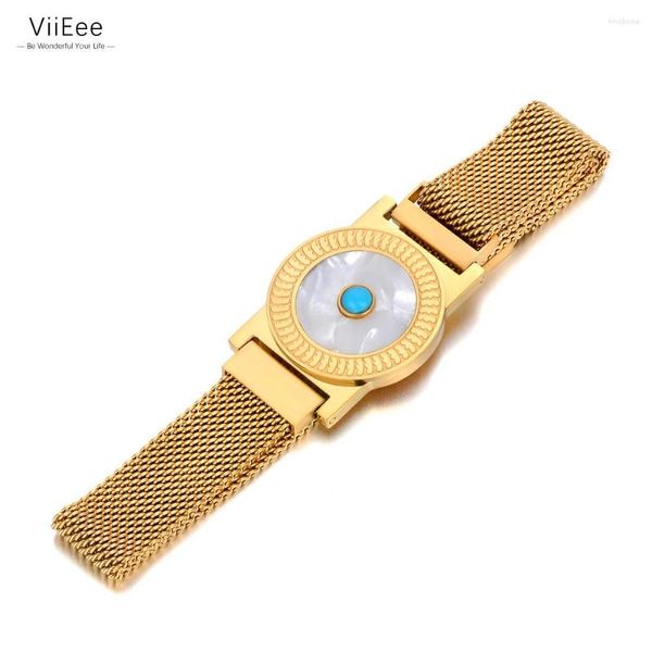 Pulseras con dijes ViiEee 316L Pulsera de concha redonda de acero inoxidable para mujer Moda Color oro Reloj Cadena Joyería Pulseras Mujer VB23089