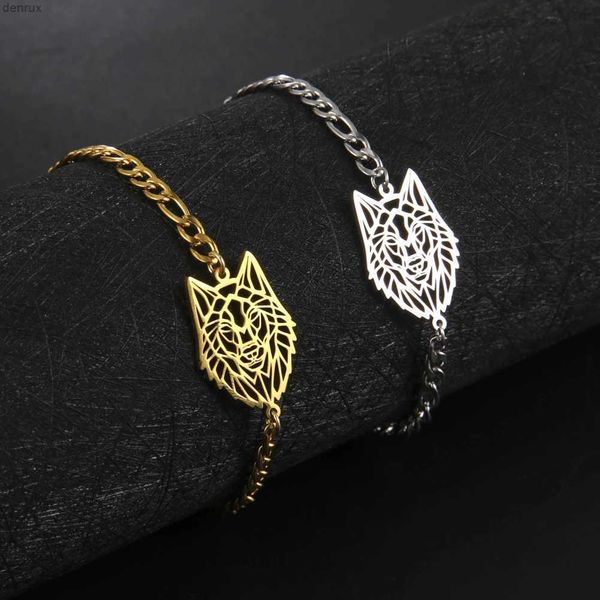 Pulseras de encanto Viking Metal Wolf Head Pulsera para hombres Acero inoxidable Animal Colgante Figaro Cadena con anillo de resorte Cierre Biker Punk Jewelry