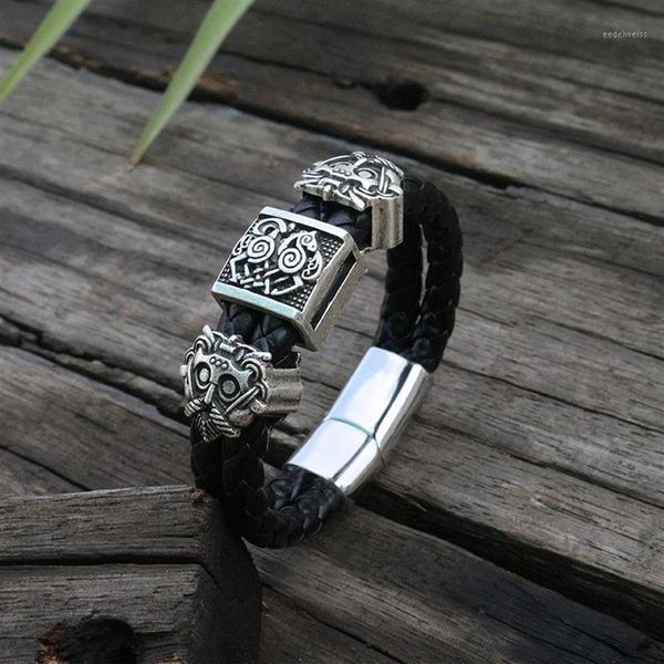 Pulseras con dijes Pulsera de cuero de vaca eslavo vikingo Hombres Brazalete de cuero trenzado negro Cierre magnético de acero inoxidable 100% Bangles12456 genuino