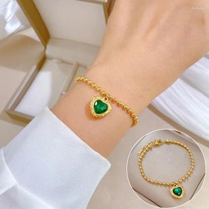 Pulseras con dijes Vintage 3D Cristales de corazón verde Encantador para mujeres Niñas Moda Cuentas de acero inoxidable Accesorios de cadena Regalos de joyería