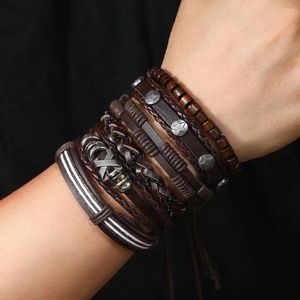 Charm Armbanden Vintage 6 stks/set Klinknagel Rock Lederen Armband Voor Mannen Gevlochten Wrap Polsbandje Touw Heren Kralen Sieraden