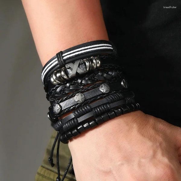 Bracelets de charme Vintage 6pcs / Set Star Rock Bracelet en cuir pour hommes tressé Wrap Bracelet corde hommes perles bijoux