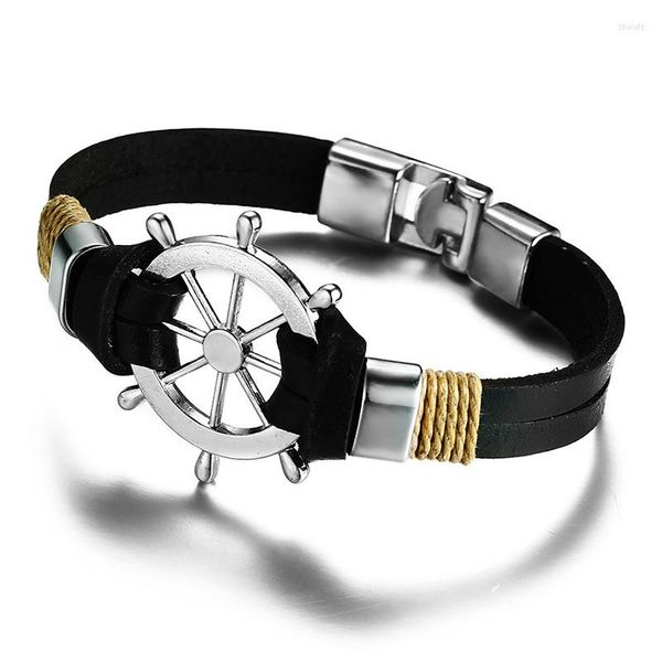 Pulseras con dijes Vintage negro marrón aleación timón pulsera de cuero de moda ancla barco trenzado para hombres joyería de moda