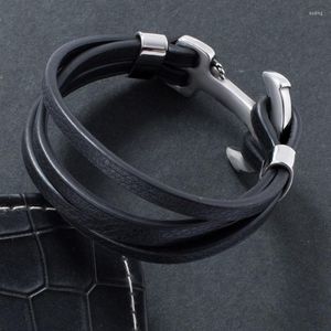 Bracelets porte-bonheur Vintage en cuir noir corde Bracelet hommes en acier inoxydable facile crochet boucle Bracelet Wrap mode bijoux cadeaux