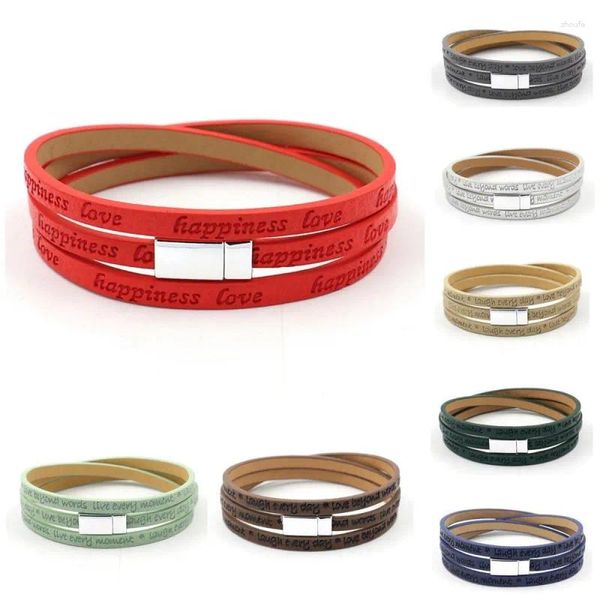 Bracelets de charme Vintage Boho PU Cuir Lettrage Imprimé Bracelet Pour Femmes Hommes Boucle Magnétique Multicouche Wrap Mode Bijoux Cadeau