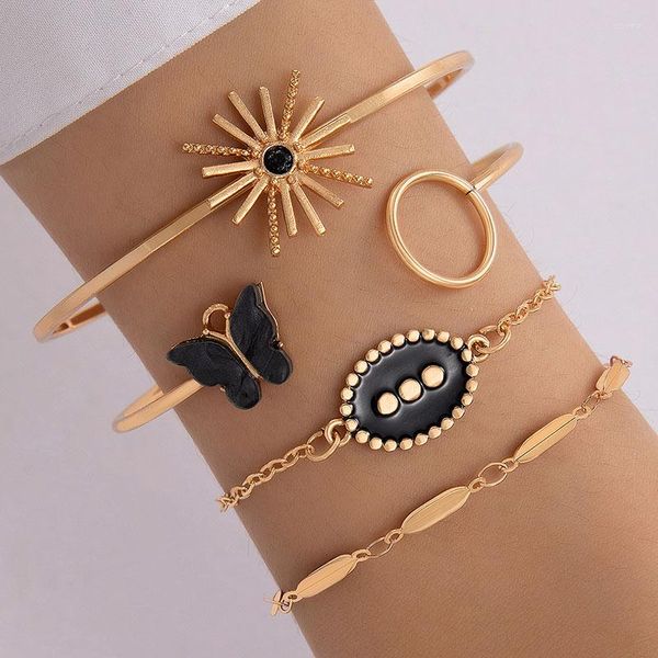 Charm Bracelets Vintage Butterfly Circle Open Bangle Set para mujer Aleación geométrica Black Oil Droping Four Piece Bracelet 23569