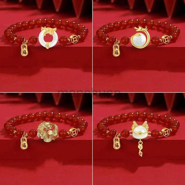 Bracelets de charme Vintage Style chinois 2024 Dragon année chance Bracelet pour femmes bénédiction amulette perles rouges Bracelet unisexe noël nouvel an cadeau zln240103