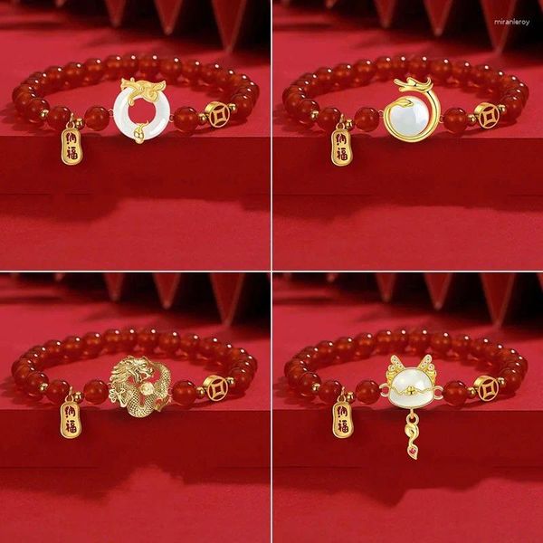 Bracelets de charme Style chinois vintage 2024 Bracelet de chance de l'année dragon pour les femmes Blessing Amulet Red Perles Unisexe Cadeau de Noël