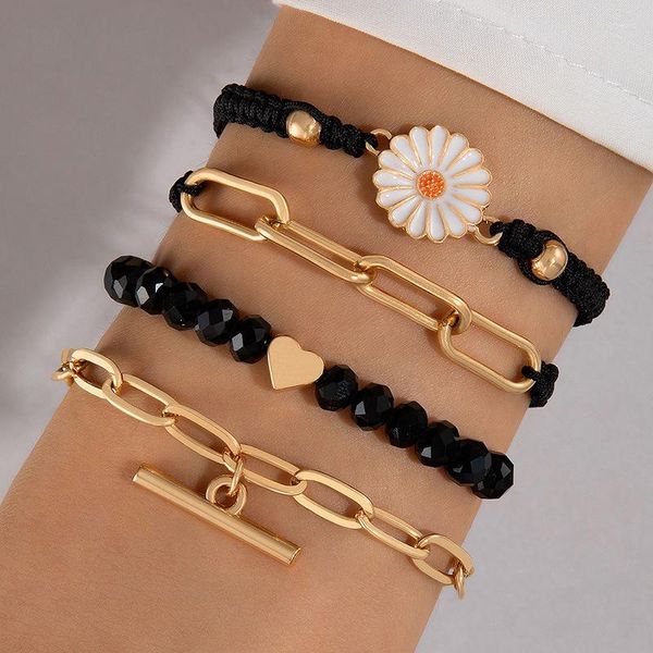 Pulseras con dijes, corazón de flor de Margarita Vintage para mujer, cuerda hecha a mano, cadena de perlas de arcilla polimérica, conjunto de pulsera multicapa, joyería