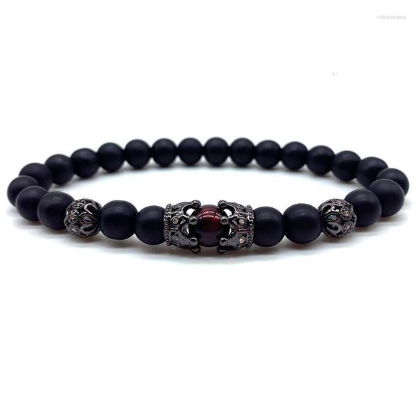 Pulseras con abalorios, pulsera de bola hueca de doble corona Vintage para hombres y mujeres, regalo de joyería con cuentas de piedra negra y roja a la moda