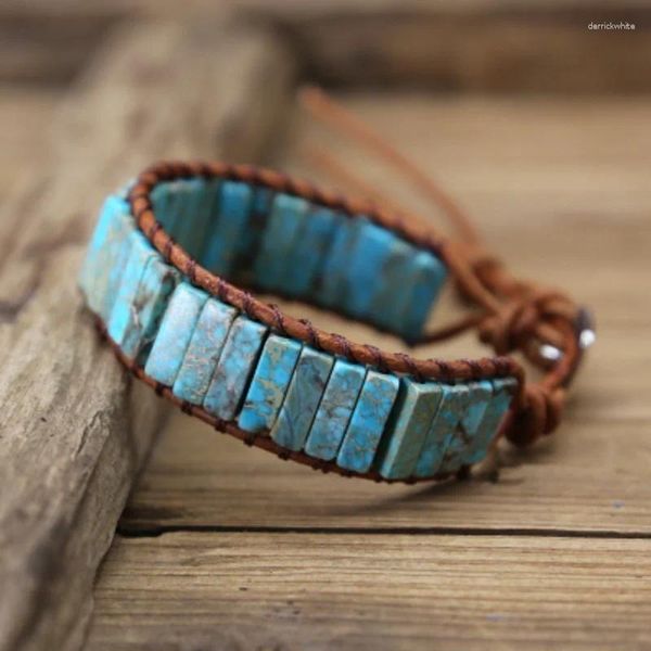 Bracelets de charme Vintage Ethnique Bleu Couleur Naturel Gem Bracelet Pour Femmes Hommes Tibétain Gypsy Perle En Cuir Réglable Bijoux De Mode