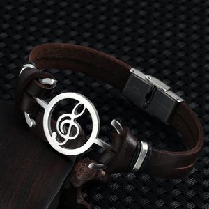 Charm Bracelets Vintage Fashion Stainless Steel Hollow Carved Musical Note Leather Bracelet Double Cuff For Men PulseiraCharm