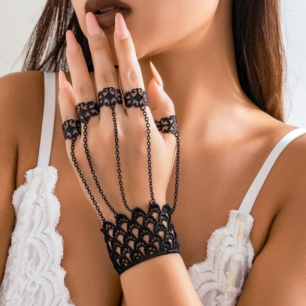 Pulseras de encanto Vintage gótico negro cadena anillos enlace para mujeres punk hiphop hueco mariposa cuadrado pulsera de encaje joyería de fiesta femenina