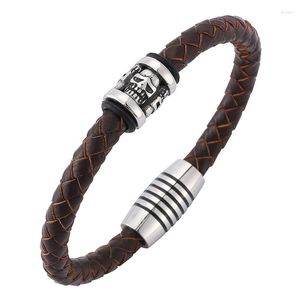 Bracelets porte-bonheur Bijoux Vintage Hommes Charmes Crâne Marron Bracelet En Cuir Tressé Fermoirs Magnétiques En Acier Inoxydable Bracelet Homme SP0196