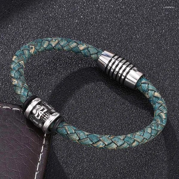 Pulseras de encanto Men de joyería vintage Charmas Curno Green Braided Leather Brailet de acero inoxidable Mangualización Magnética Man Bracelete SP0195