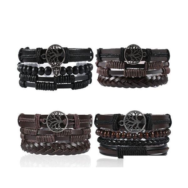 Bracelets porte-bonheur Vintage feuille plume Mtilayer bois cuir Bracelet hommes mode tressé à la main étoile corde Wrap bracelets 4 pièces/ensemble Dr Otfqd