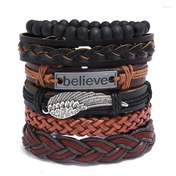 Pulseras de encanto Vintage Hoja Pluma Pulsera de cuero multicapa Negro Marrón Hombres Moda Trenzado Cuerda hecha a mano Brazaletes Regalo masculino