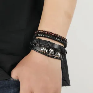 Bracelets de charme Bracelet en cuir vintage Crâne perlé style punk rue mode combo main noir pour hommes bijoux