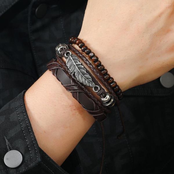 Bracelets à charme bracelet en cuir vintage set Pu Produit Pu Feather Wood Perle Put Cord Bijoux