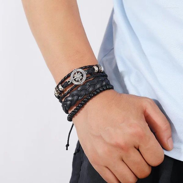 Pulseras de encanto Pulsera de cuero vintage para hombres Serie de brújula Todos los hombres negros Conjunto de tejido Handrope Joyería de mano