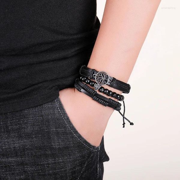 Bracelets de charme Bracelet en cuir Vintage pour hommes 2023 Punk arbre de vie multicouche noir tissé ensemble bijoux en alliage