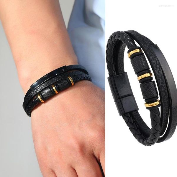 Bracelets porte-bonheur Vintage Bracelet en cuir hommes tissé multicouche mode Simple titane acier bouton magnétique bijoux pour