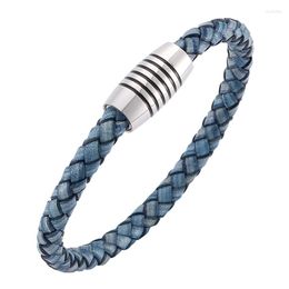 Bedelarmbanden vintage heren sieraden blauw gevlochten lederen heren armband handgemaakte roestvrijstalen magneet gesp mode mannelijk polsband geschenk