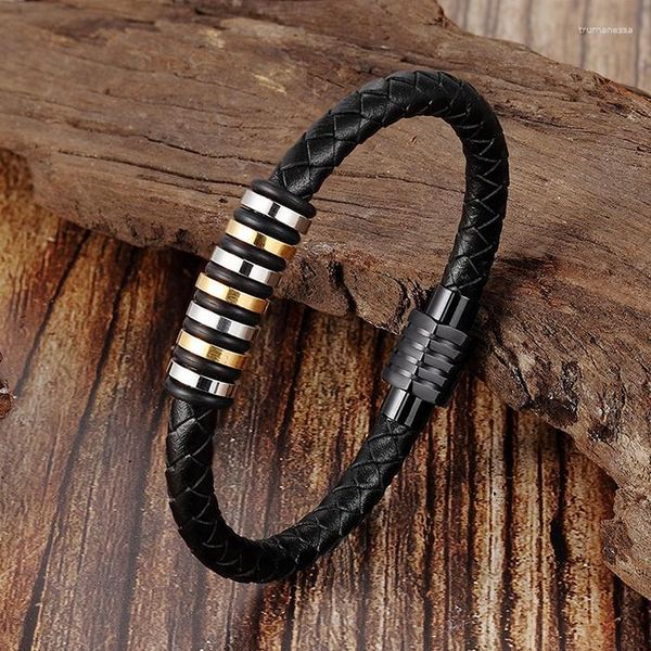 Bracelets porte-bonheur Vintage hommes bijoux tressé cuir corde Bracelet noir boucle magnétique Punk mâle poignet bande Pulsera Hombre Raym22