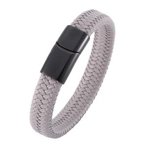 Bedelarmbanden vintage mannen sieraden grijs gevlochten lederen armbanden handgemaakte punk roestvrijstalen magnetische clasp mannelijke polsband sp0007charm