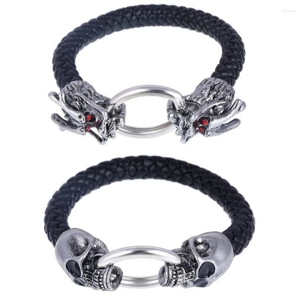 Pulseras con dijes Vintage Metal Skull Dragon Head Hebilla de cuero Pulsera hecha a mano Brazalete para hombres Mujeres Fiesta Joyería simple al por mayor