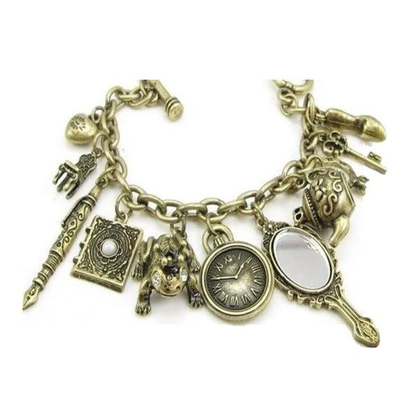 Pulseras de encanto Vintage Espejo Rana Reloj Silla Hervidor Pluma Clave Corazón Charms Pulsera DIY Retro Magic Fairy Tale Serie Drop Entrega Dhise