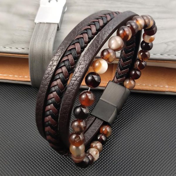 Bracelets de charme Vintage multicouche véritable cuir marron hommes bracelet Agate pierre perle en acier inoxydable bijoux mâle poignet bracelet cadeaucharm