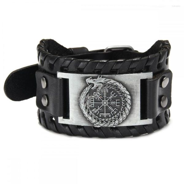 Pulseras de encanto Vintage Ouroboros Viking Compass Edición amplia Pulsera de cuero Moda para hombre Hip Hop Punk Accesorios de joyería