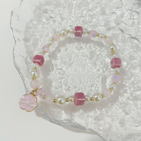 Pulseras con abalorios, cuentas de perlas esmaltadas de cristal rosa Vintage para Mujer, joyería de moda coreana, brazalete dulce bonito para niña, Pulseras para Mujer