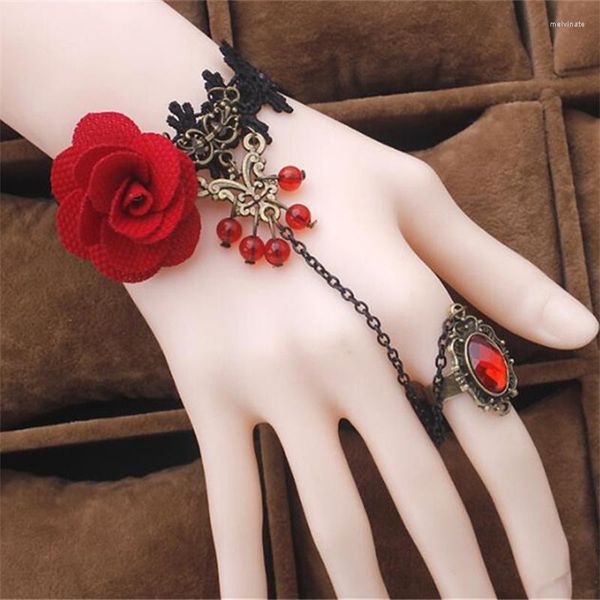 Pulseras con dijes, pulsera de encaje de cristal de estilo gótico rosa Vintage con anillo, accesorio de disfraz de Cosplay negro, brazaletes para mujer, regalo de joyería