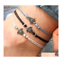 Charme Bracelets Vintage Sea Turtle Bracelet Cheville Blanc Noir Bleu 3 Couleurs Cire Corde Plage Cheville Pour Les Femmes Bohème Bijoux Entier Otivh