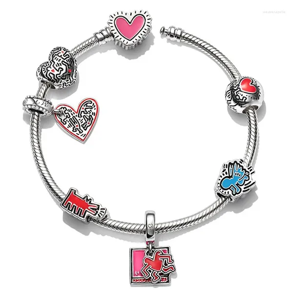 Bracelets porte-bonheur Vintage couleur argent avec perles de coeur pendentif marque pour femmes Pulseras bijoux goutte en gros