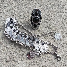 Bedelarmbanden vintage zilveren hangers Bracelet Setting Black Agate Boheemse strand Gypische sieraden voor vrouwen