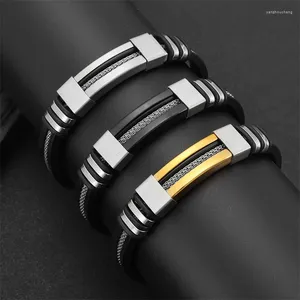 Bracelets de charme Vintage en acier inoxydable hommes bracelet noir rainuré gouvernail Silicone maille lien insérer Punk bracelet bracelets décontractés
