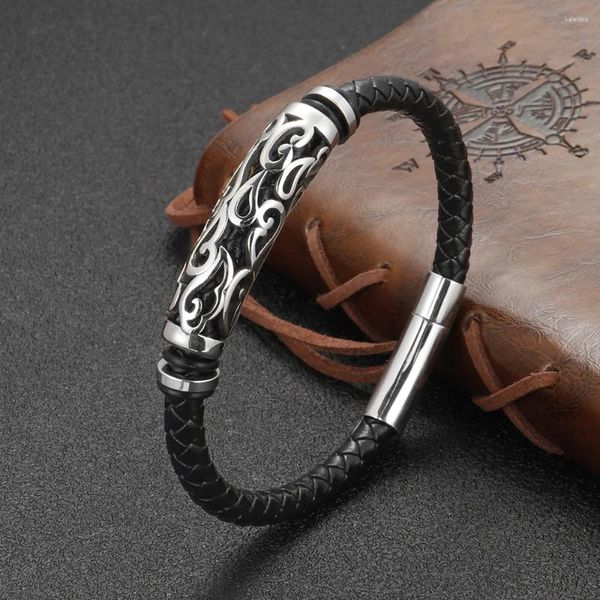 Pulseras de encanto Estilo vintage Acero inoxidable Hueco Tallado Cuero de vaca Pulsera para hombres Trenzado Titanio Vikingo Regalo de Navidad