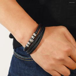 Bracelets de charme Bracelet en cuir tissé tendance vintage pour hommes mode multicouche empilée en acier inoxydable boucle magnétique bijoux masculins