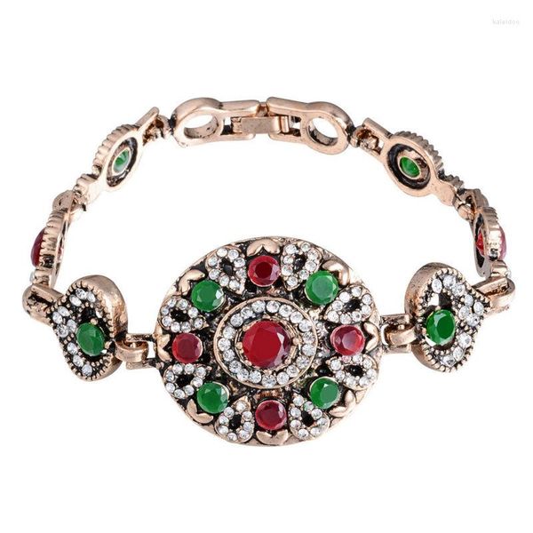 Pulseras con dijes, pulsera de pavo Vintage para mujer, brazalete de flores de Color dorado chapado en diamantes de imitación de resina roja de lujo, joyería Bohemia Retro