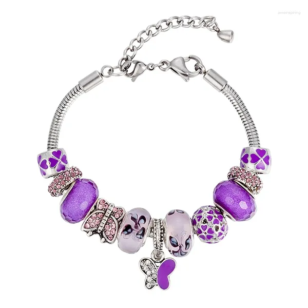 Pulseras de encanto VIOVIA Joyería de moda hecha a medida Pulsera de mariposa Cadena ajustable de vidrio púrpura para regalo de mujer B16086