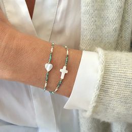 Bracelets de charme Vlen Turquoise Couleur Miyuki Perles Dainty Naturel Shell Coeur Croix Bracelet pour Femmes Stretch Empilable Bijoux 231027