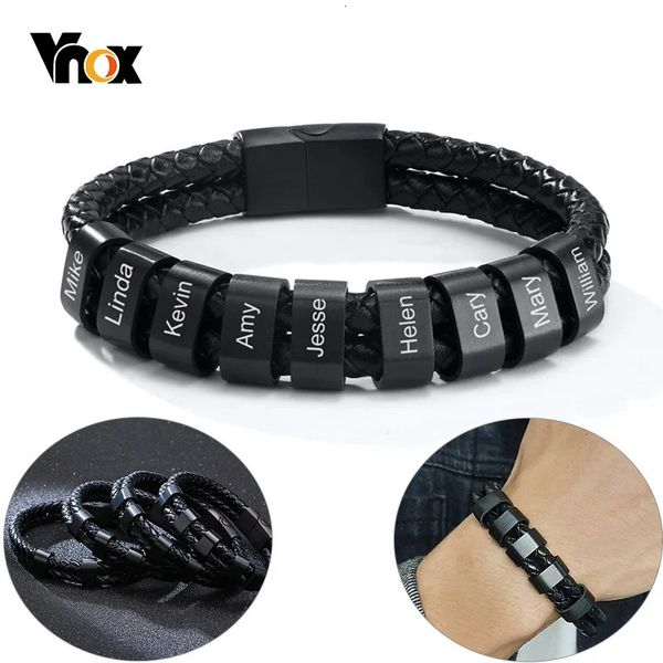 Bracelets de charme Vnox personnalisé hommes Bracelets en cuir tressé noir gratuit sur mesure avec perles de charme noms de famille bijoux inspirants 231206