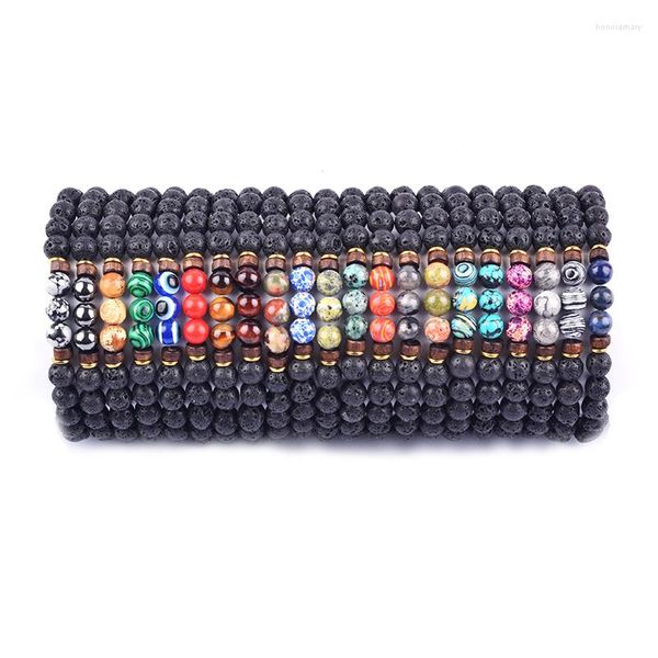 Pulseras con dijes Pulsera de piedra volcánica Homme Lava Piedra lunar Cuentas de madera de 8 mm Accesorios de acero inoxidable Buda tibetano Joyería de muñeca